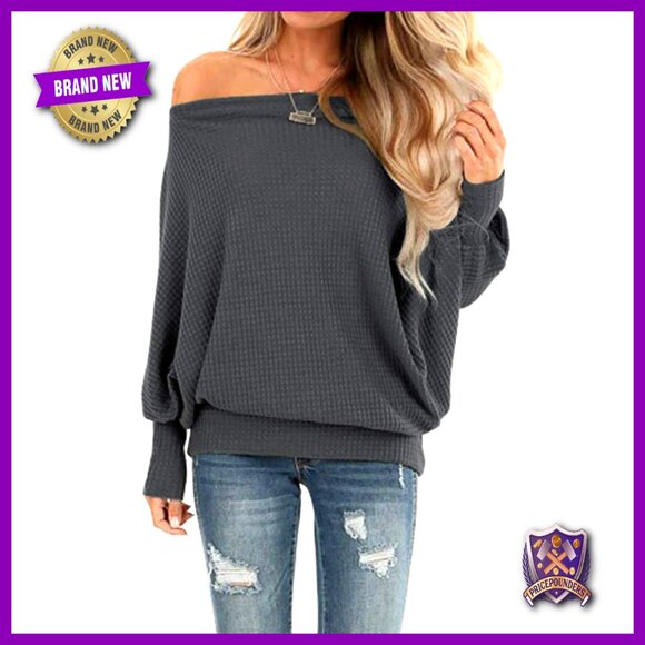 Tops - Oversized Off Shoulder Waffle Knit Sweater Pullover Tunic Top